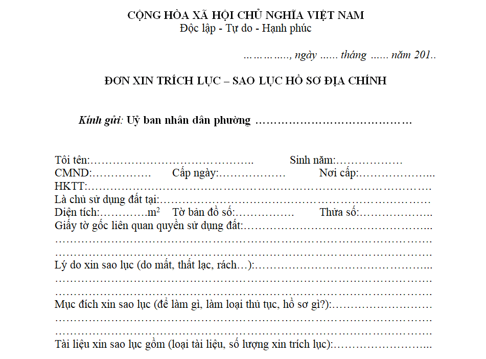 Mẫu đơn trích lục hồ sơ bản đồ địa chính Hóc Môn